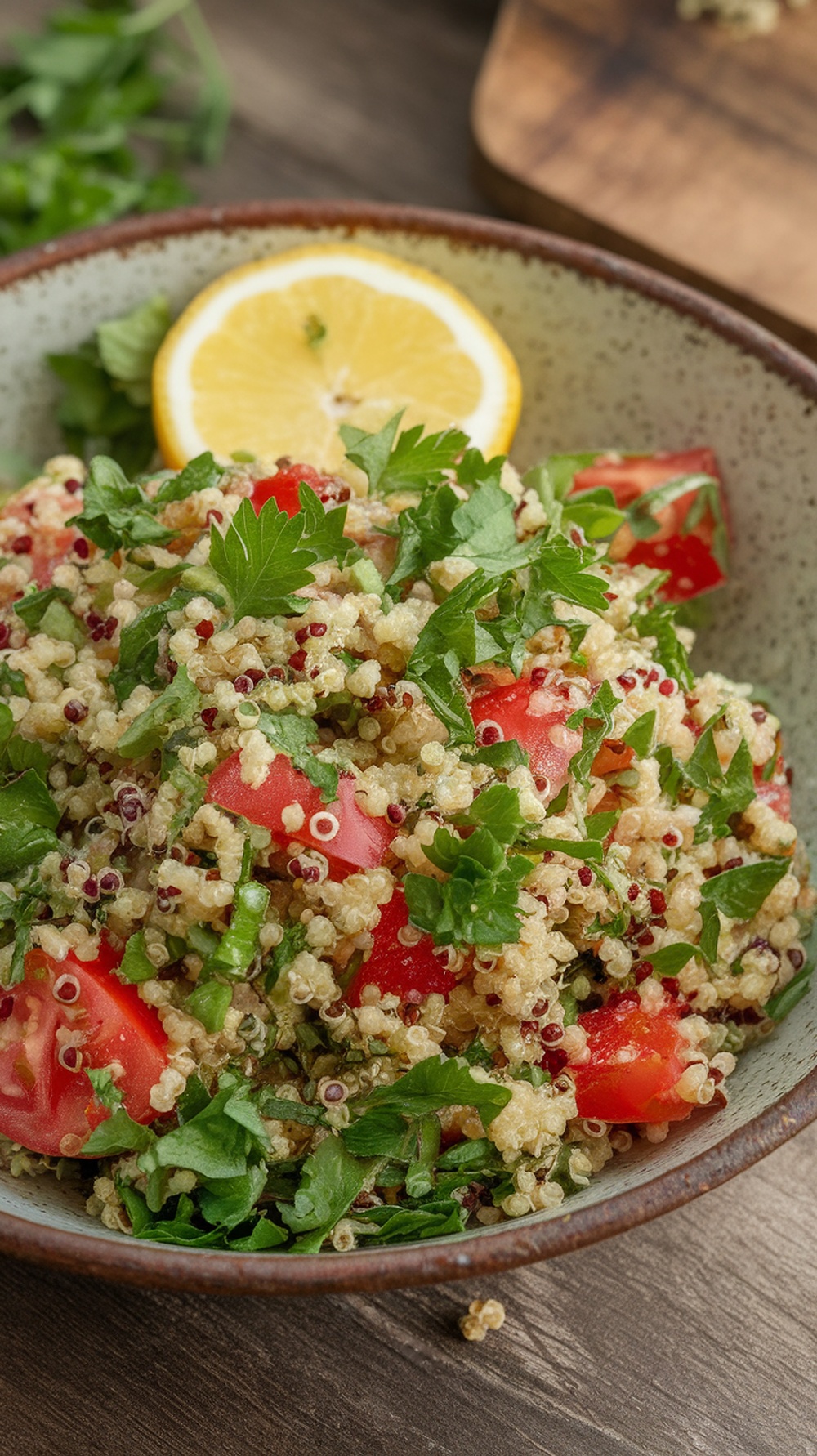 A bowl of quinoa tabbouleh salad with fresh herbs and vegetables.