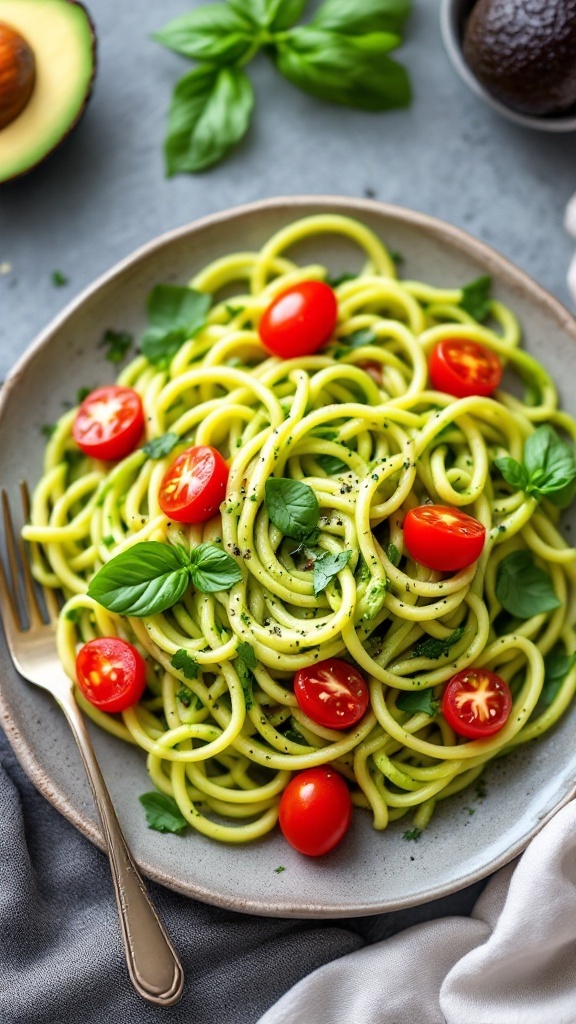 A plate of zucchini noodles topped with avocado pesto, cherry tomatoes, and fresh basil.