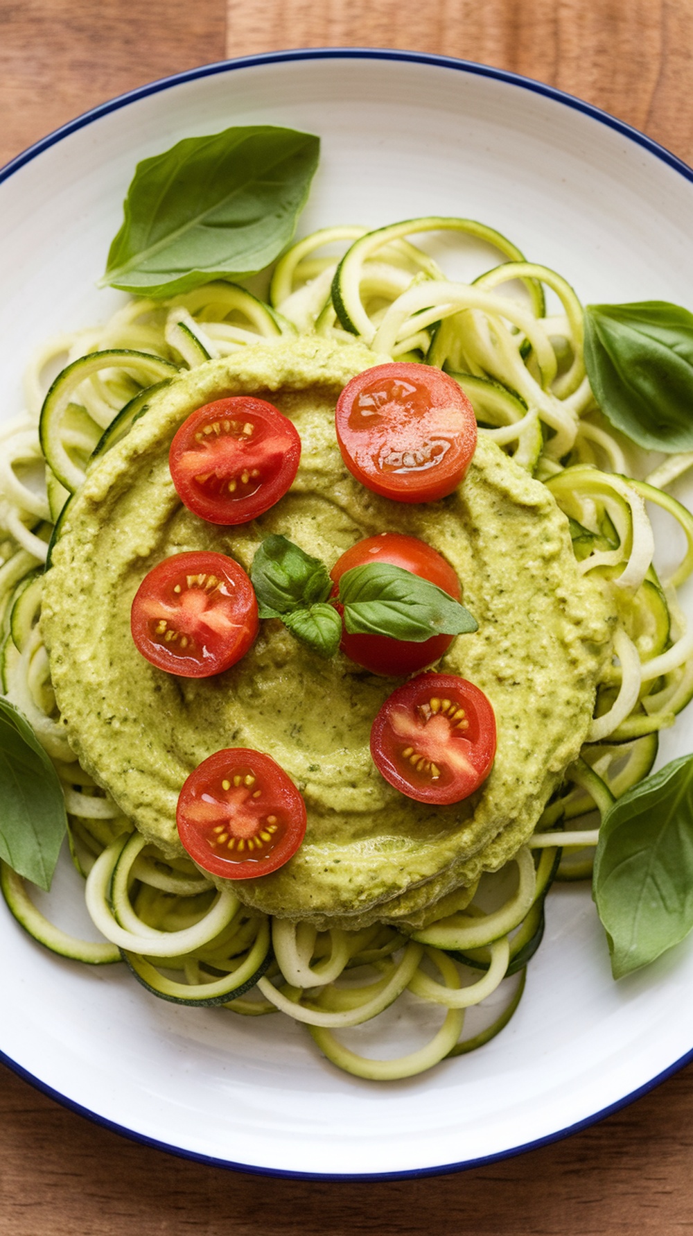 A plate of zucchini noodles topped with avocado pesto and cherry tomatoes.