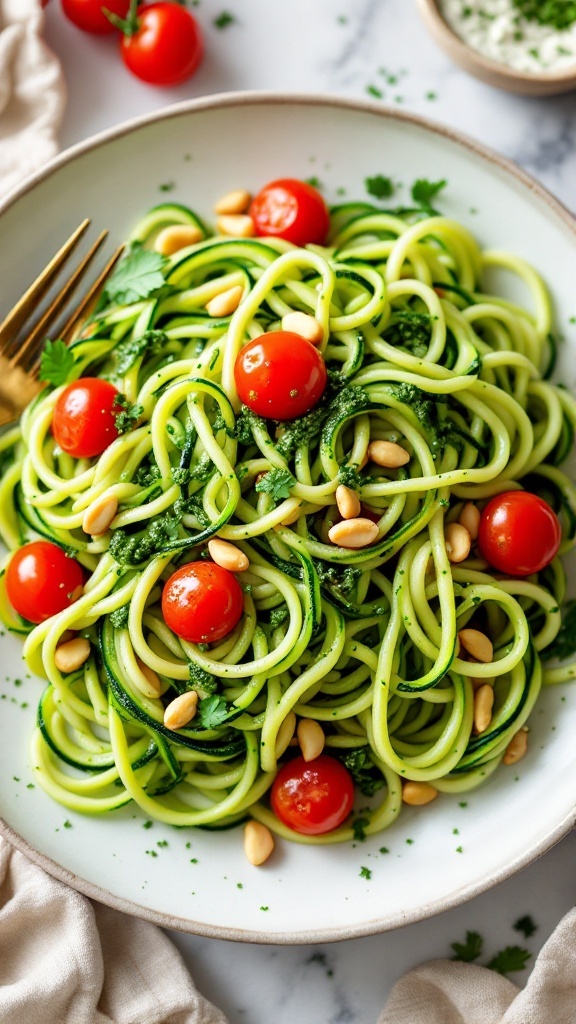 A plate of zucchini noodles topped with pesto, cherry tomatoes, and pine nuts.