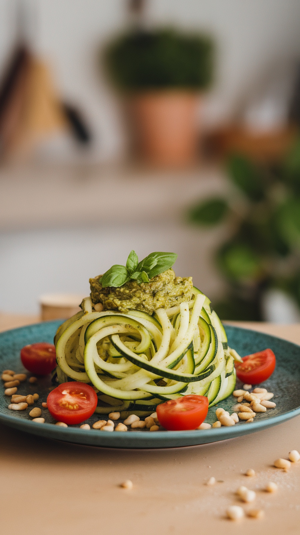 A plate of zucchini noodles topped with pesto and cherry tomatoes, garnished with pine nuts.