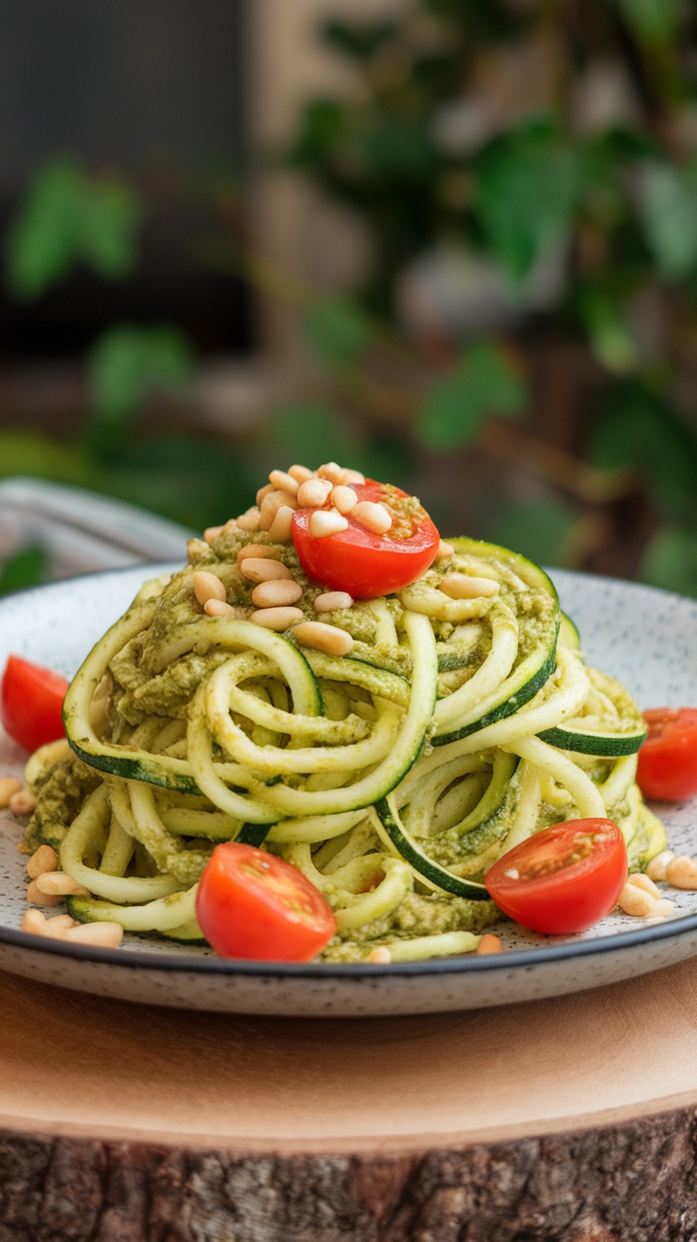 A plate of zucchini noodles topped with pesto, cherry tomatoes, and pine nuts.