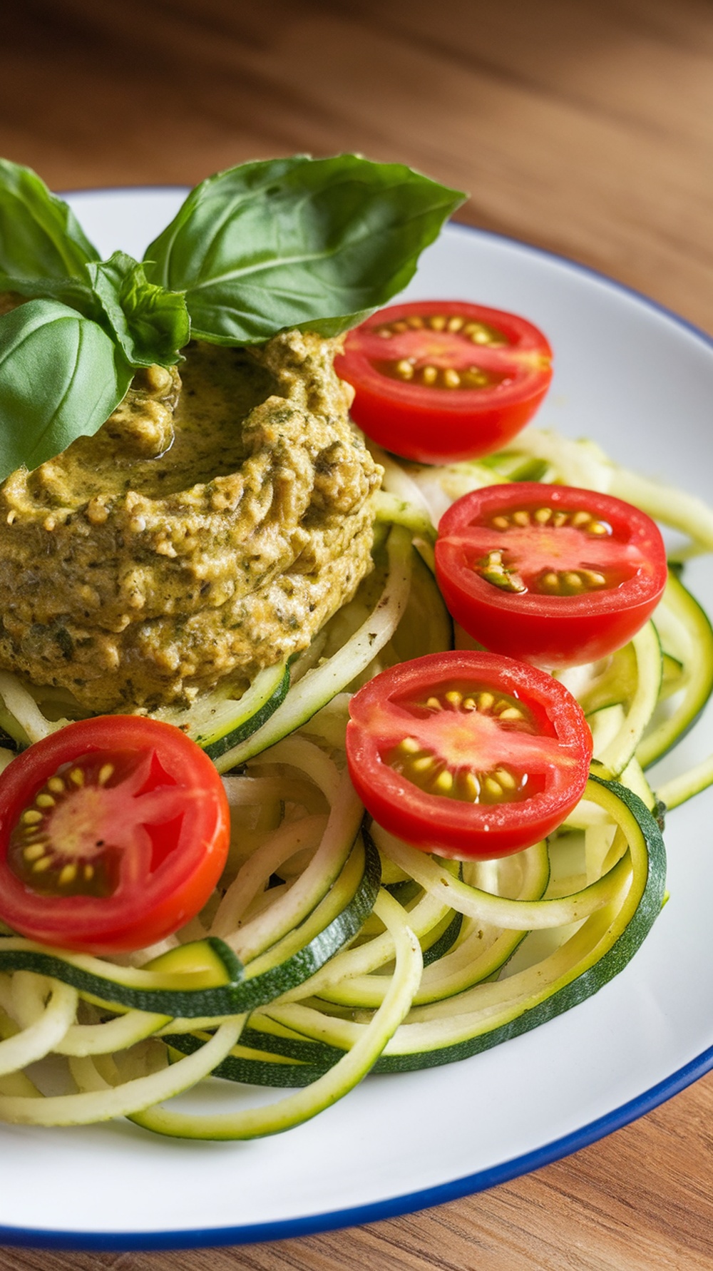 A plate of zucchini noodles topped with pesto and cherry tomatoes, garnished with fresh basil.