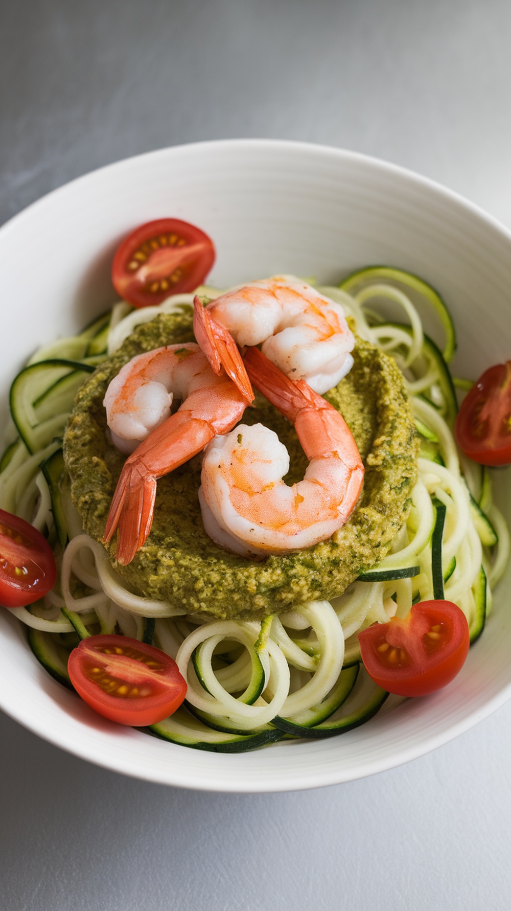 A bowl of zucchini noodles topped with pesto and shrimp, garnished with cherry tomatoes.