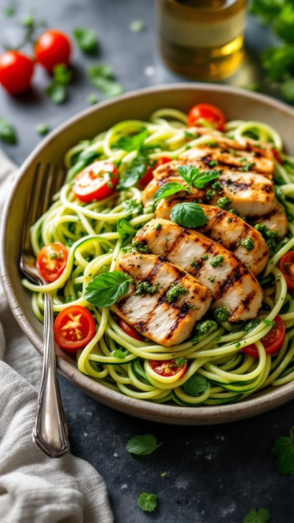 A bowl of zucchini noodles topped with grilled chicken and cherry tomatoes, garnished with fresh basil.
