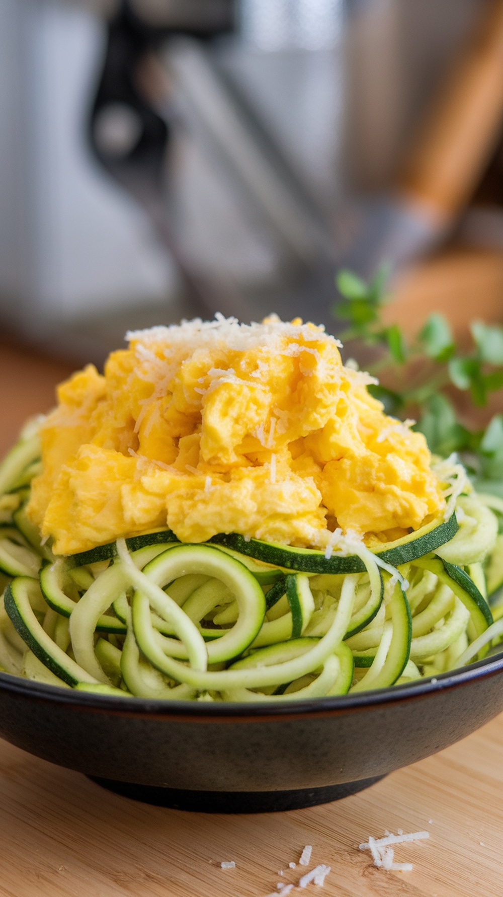 A bowl of zucchini noodles topped with scrambled eggs and Parmesan cheese.