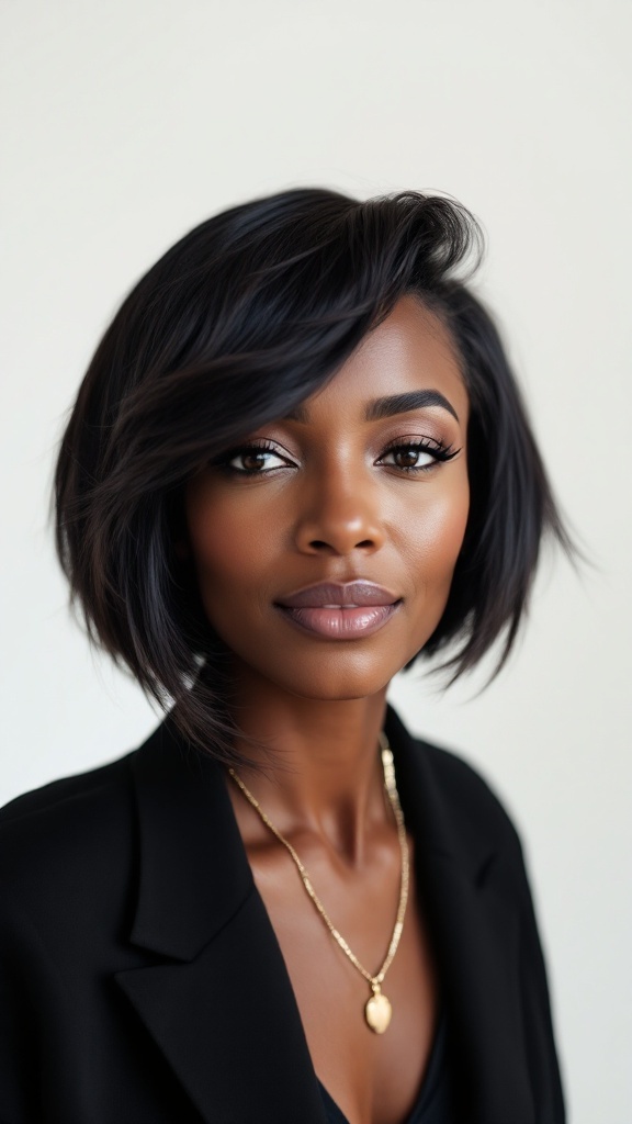 A woman with an asymmetrical bob haircut, showcasing a sleek and modern style.