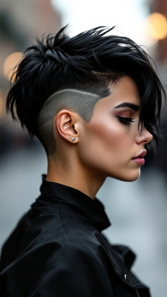 A woman with an asymmetrical cut and undercut hairstyle, showcasing a stylish look.