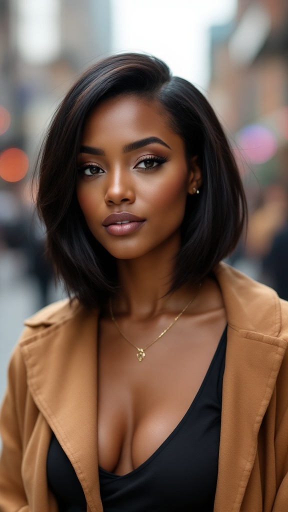 A woman with an asymmetrical lob hairstyle, featuring longer front strands and shorter back strands, exuding a chic and modern look.