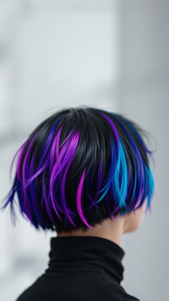 Woman with short black hair featuring purple and blue color accents