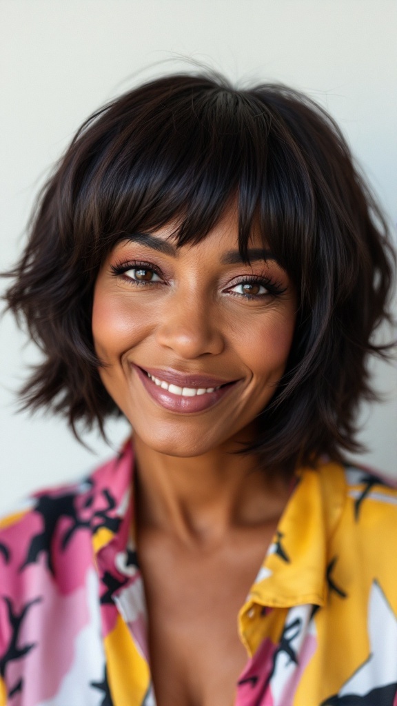 Woman with a bold shaggy haircut, smiling confidently while wearing a colorful floral shirt.
