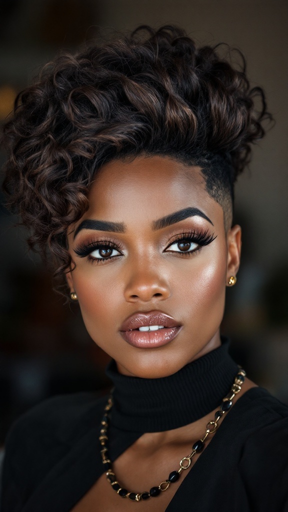 A woman with a bold undercut hairstyle featuring curly hair on top, smiling confidently.