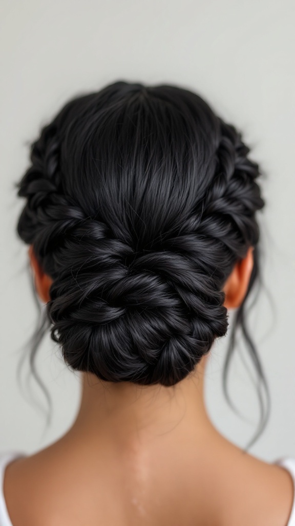A woman with a braided crown updo hairstyle, showcasing intricate braids around a bun.