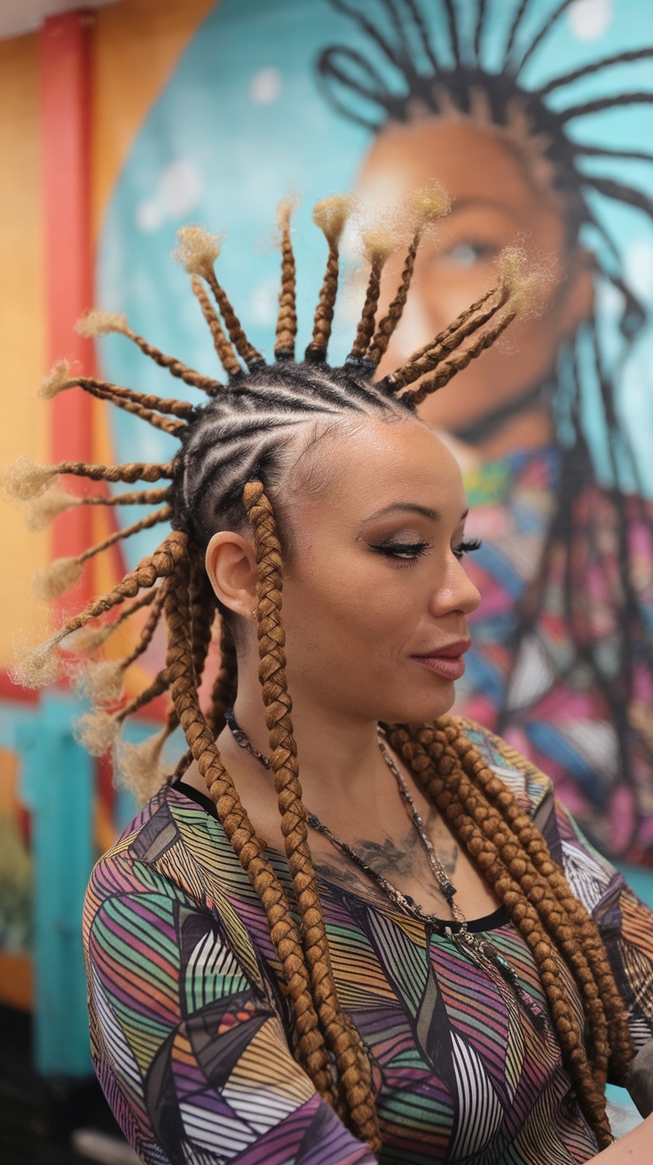 A woman with braided mohawk hairstyle, showcasing an edgy style.