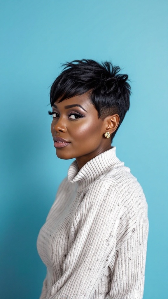 A woman with a chic pixie cut, wearing gold earrings and a black jacket, showcasing effortless elegance.