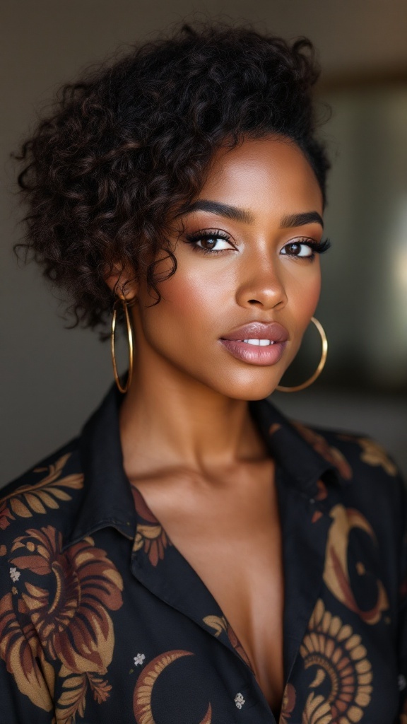 A woman with a chic tapered cut hairstyle, showcasing natural curls and a clean look.