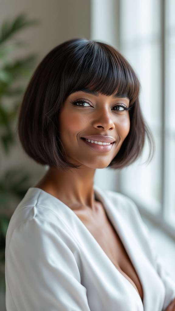 A woman with a classic bob hairstyle and bangs, showcasing a polished look.