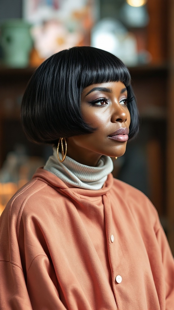 A woman with a classic bowl cut, wearing a turtleneck and oversized earrings, exuding a chic and modern look.