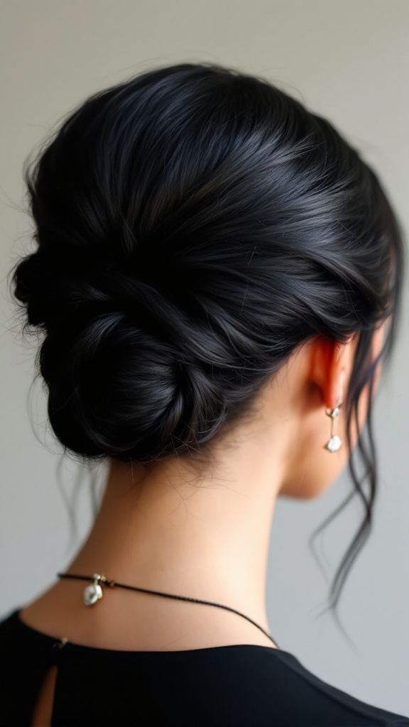 A woman with short black hair styled in a classic French twist, showcasing elegance and sophistication.