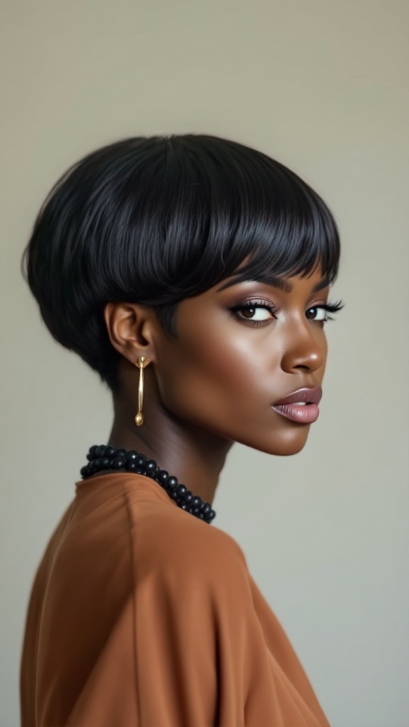 A woman with a classic tapered haircut, showcasing elegance and style.