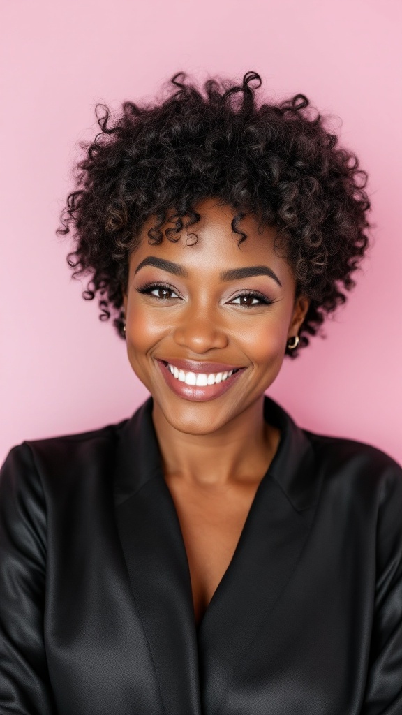 A woman with a stylish curly crop hairstyle, showcasing voluminous curls against a yellow background.