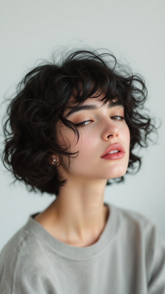 A woman with short curly black hair styled in a halo, looking confidently at the camera.