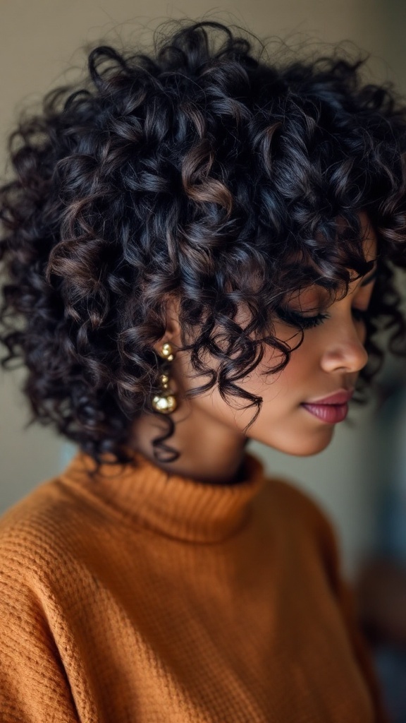 A woman with a curly shag haircut, showcasing vibrant curls and a confident smile.