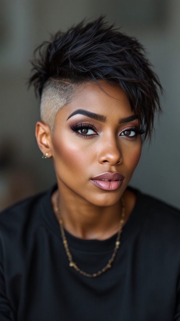Woman with edgy undercut hairstyle and long textured top