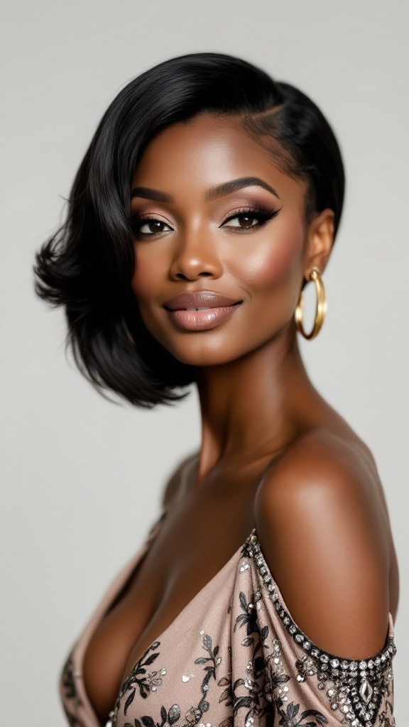 A woman with a glamorous side-swept lob haircut, showcasing soft waves and elegant makeup.
