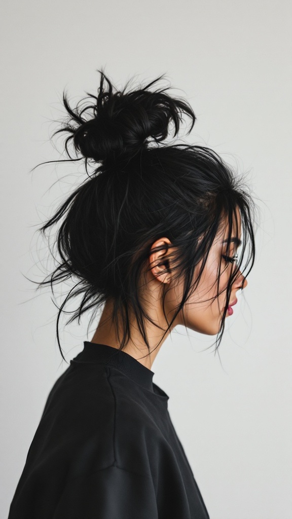 A woman with short black hair styled in a messy bun, with strands framing her face.