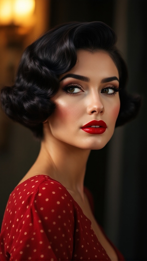A woman with short black hair styled in retro finger waves, wearing a red dress and bright red lipstick.