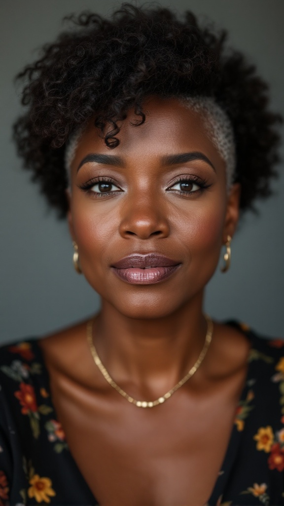 Short afro hairstyle with defined curls, featuring a woman with natural beauty and accessories.