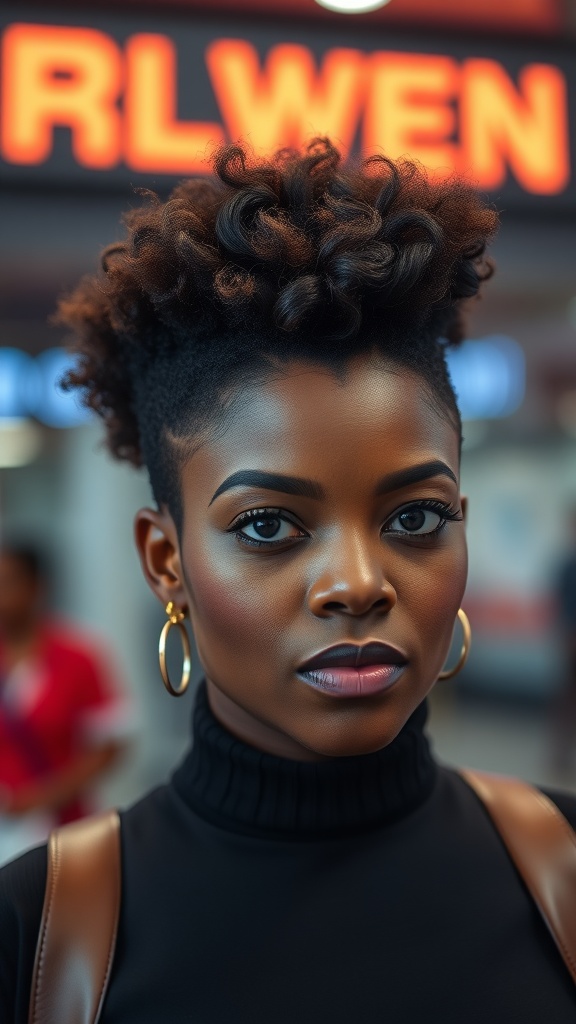 A woman with a stylish short faux hawk hairstyle, showcasing curls on top and short sides.