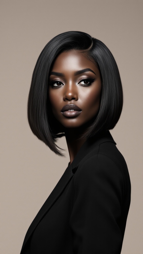 A woman with a sleek blunt bob haircut styled with a side part, exuding confidence and elegance.