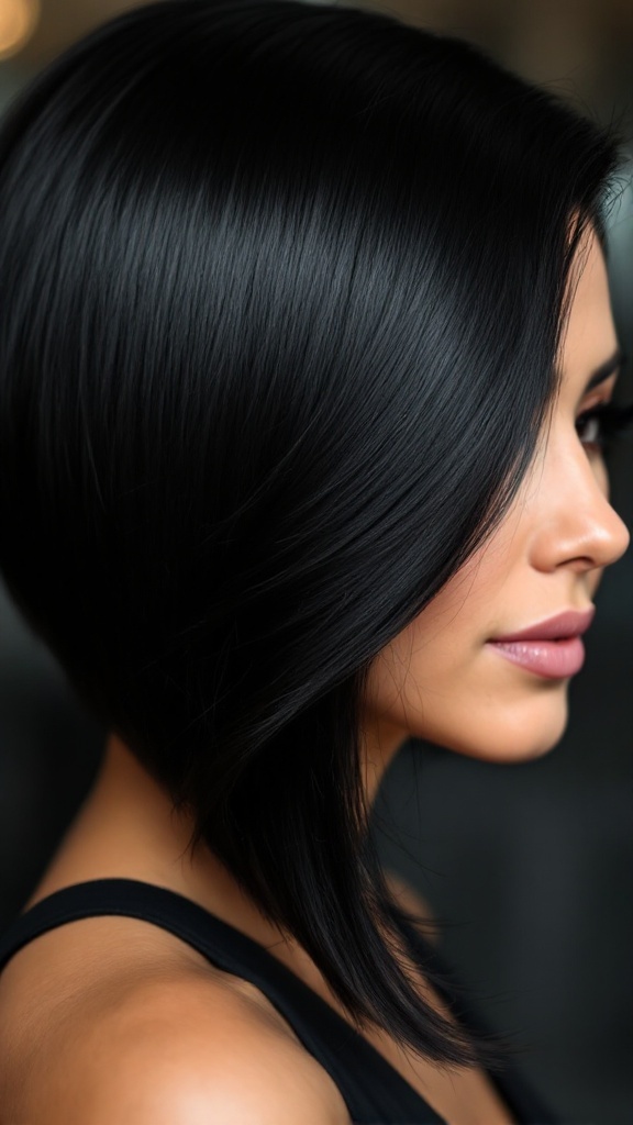 Woman with sleek bob hairstyle featuring a side part, showcasing shiny black hair.