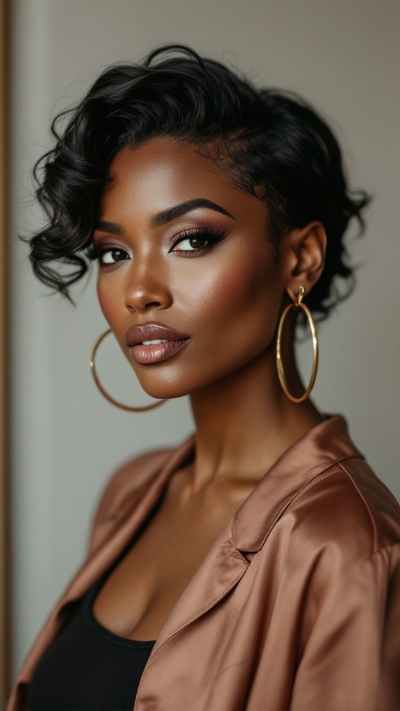 A woman over 50 with short, softly styled waves, wearing hoop earrings and a stylish outfit, showcasing a glamorous look.