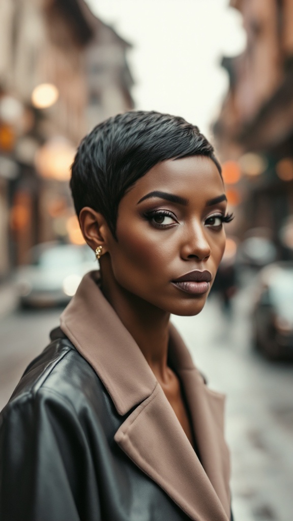 A woman with a sophisticated French crop haircut, dressed in a stylish coat, standing in an urban setting.