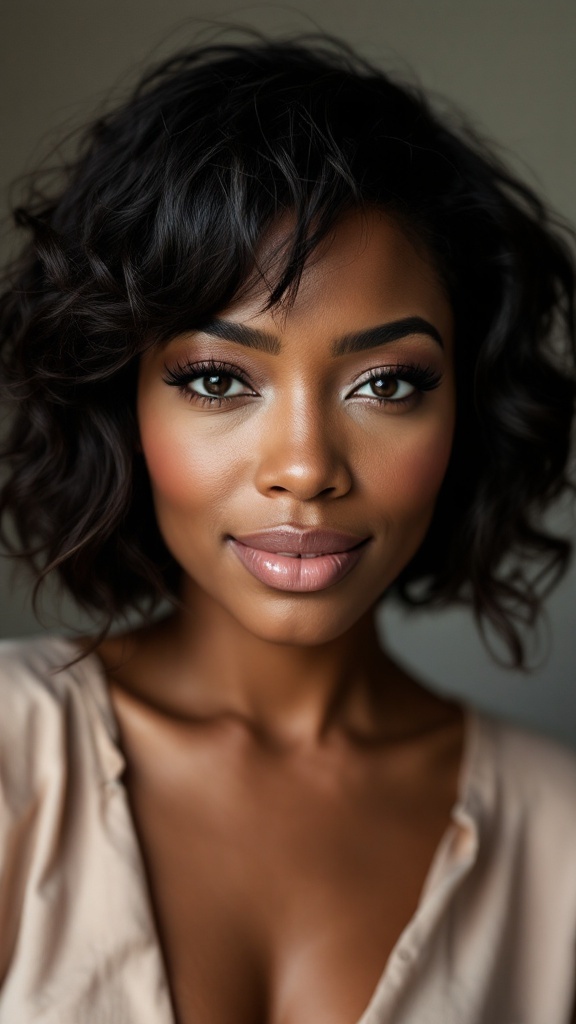 Close-up of a woman with a textured bob hairstyle featuring subtle waves.