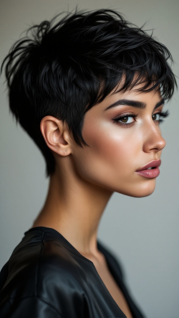A woman with a textured pixie cut, showcasing a stylish and modern look for short black hair.