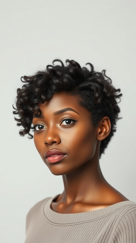A woman with a textured pixie cut, showcasing beautiful curls and a confident expression.