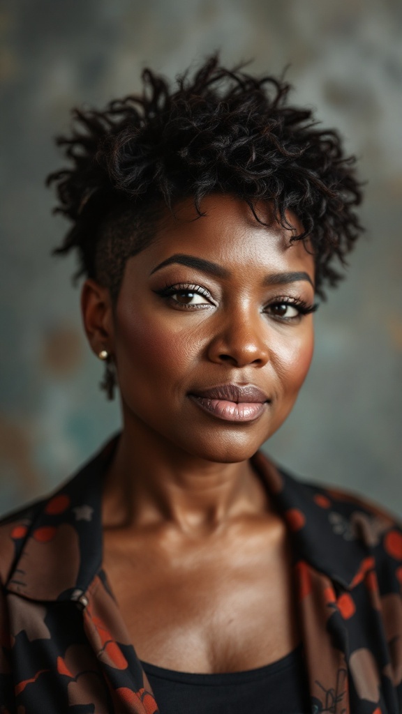 A woman with a textured quiff hairstyle, showcasing natural curls and a modern edge.
