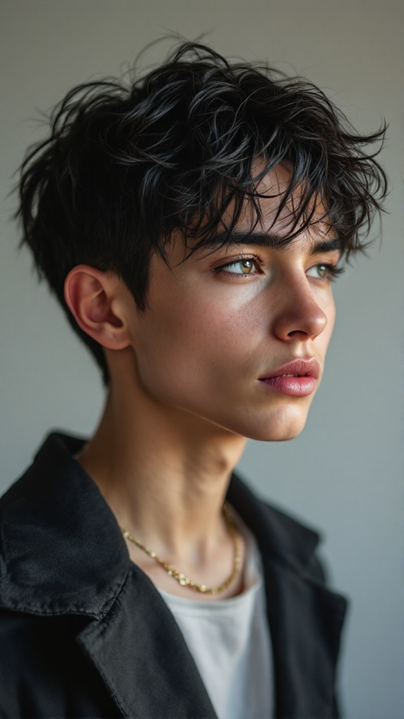 A person with a textured shaggy haircut, showcasing layers and a tousled look, perfect for a stylish and modern appearance.