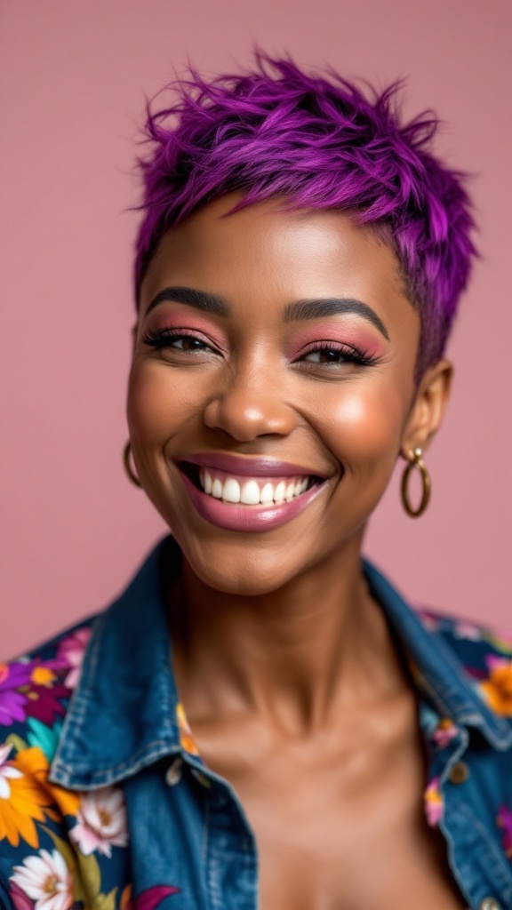 Woman with vibrant purple pixie haircut, smiling, wearing a floral shirt and hoop earrings.