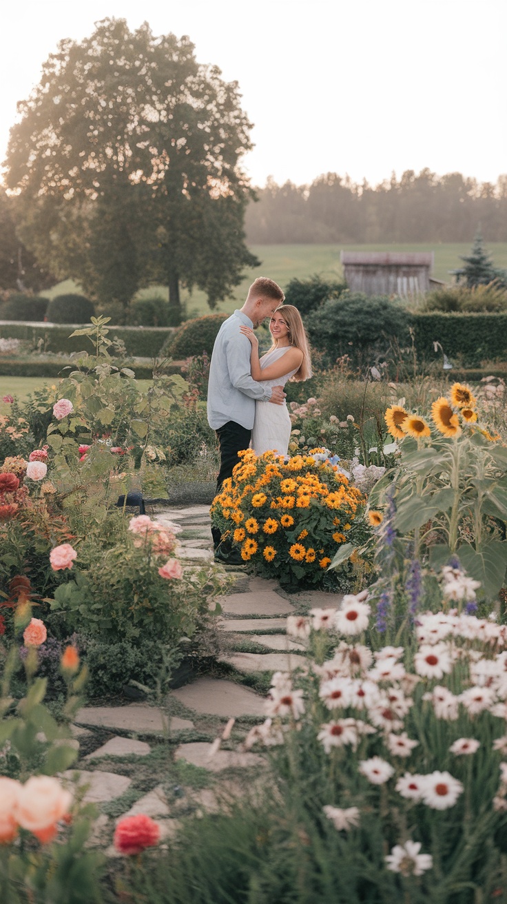 A couple embracing in a flower-filled garden, symbolizing love and harmony.