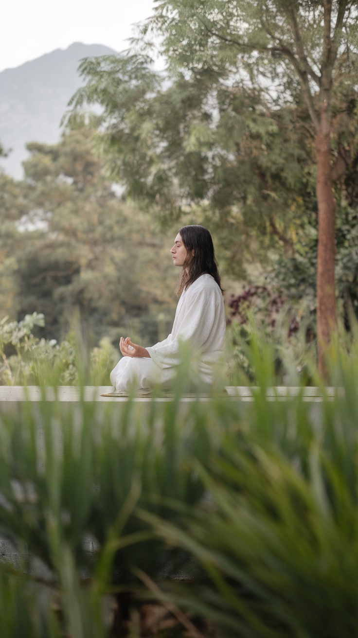 A person meditating in a tranquil outdoor setting, surrounded by greenery.