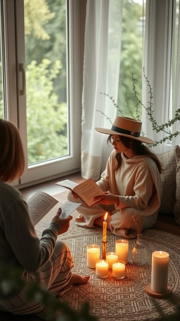 Two individuals reading and meditating in a cozy, candlelit space.