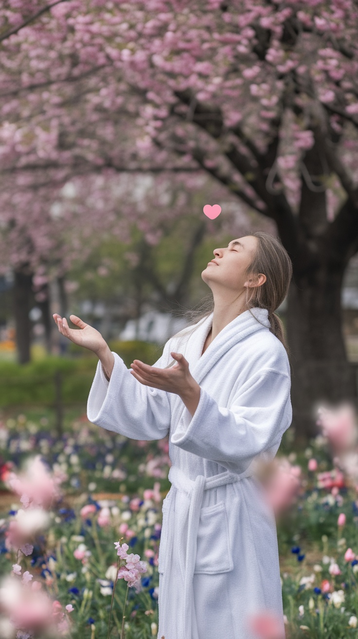 A person in a white robe standing among pink flowers, arms outstretched, eyes closed, surrounded by nature.