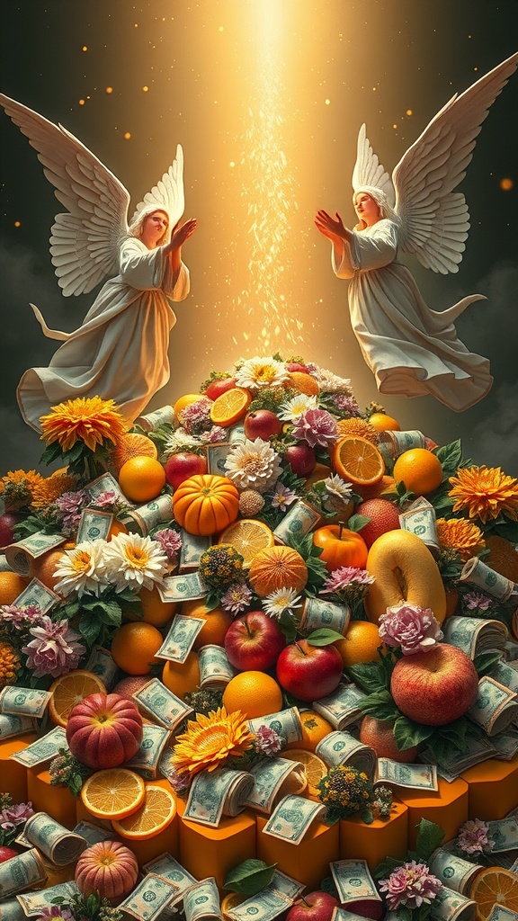 Angels guiding a pile of fruits and money, symbolizing abundance and angelic support.