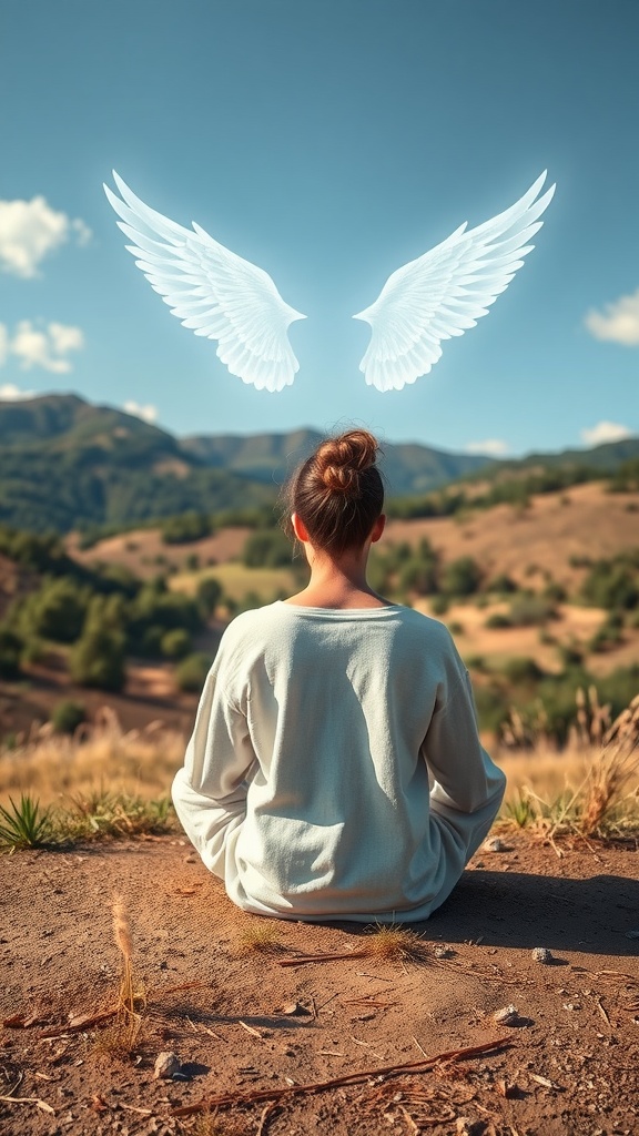 A person meditating outdoors with angel wings above, symbolizing connection with angels.