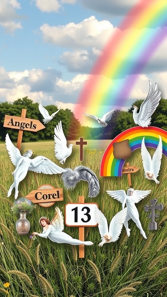 A colorful landscape with angelic figures, directional signs labeled 'Angels' and 'Corel,' a rainbow, and a number 13, symbolizing guidance and support from angels.